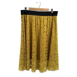 Lularoe Midi Skirt Womens 2XL Yellow Rose Floral Lace A-Line Elastic Waist Lined